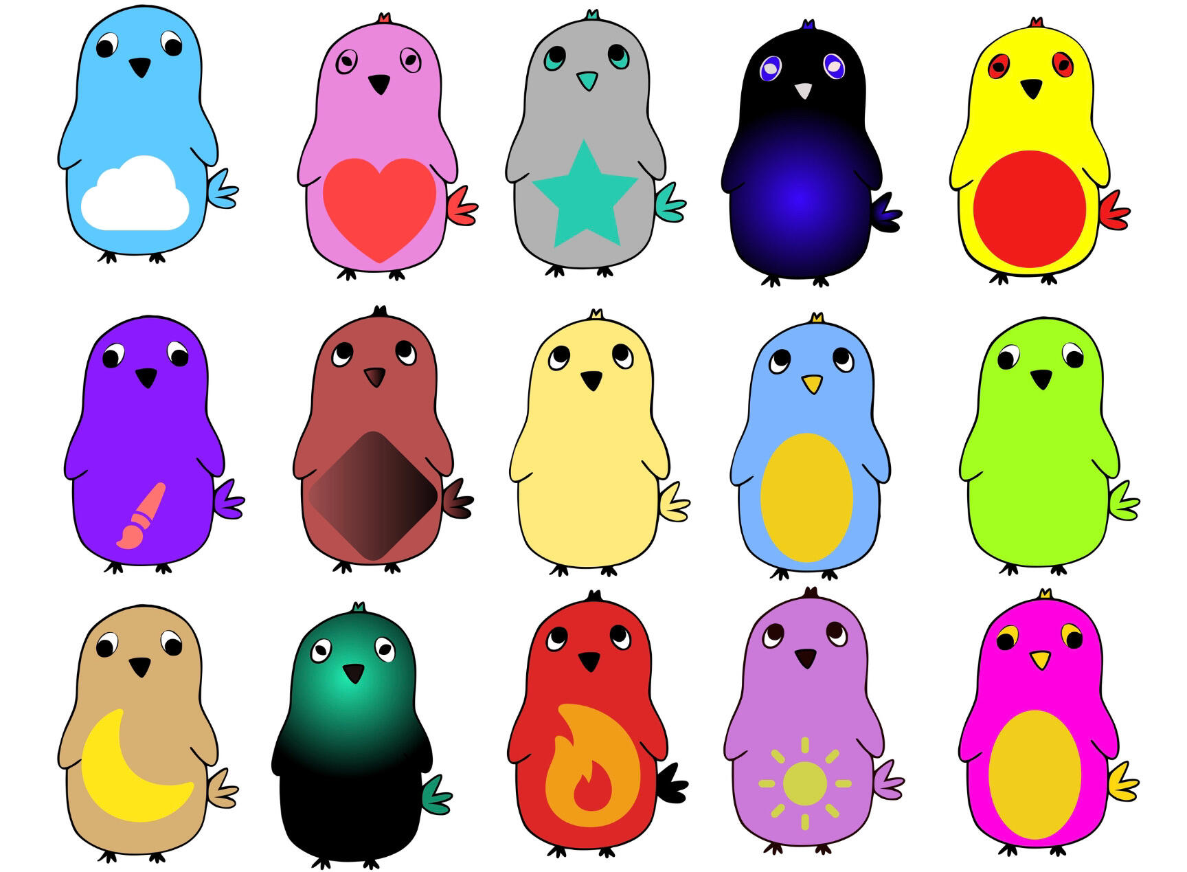 birds I create: color arrangement and icons